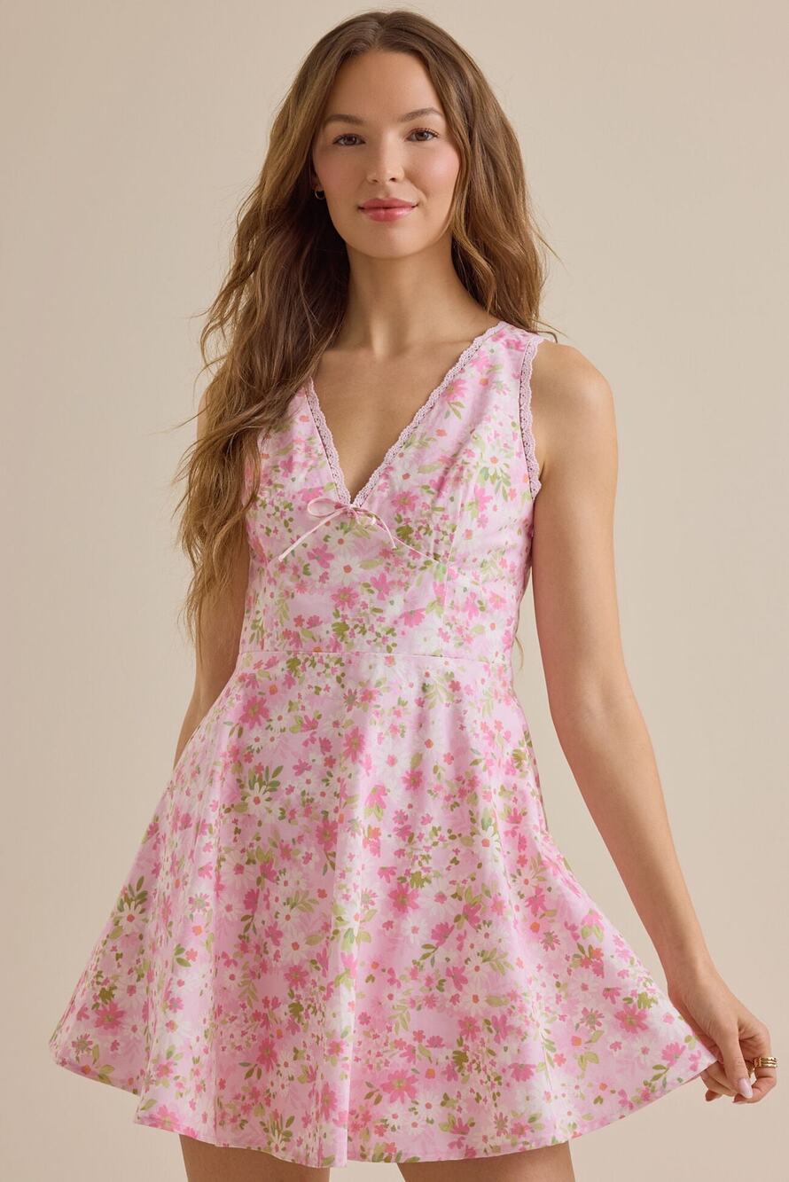 NWT Altar’d State Pink Floral Lace Trim Tie Back Mini Dress Small